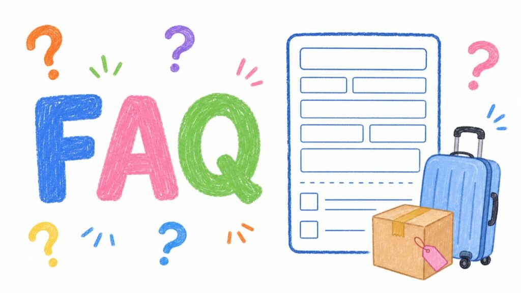FAQ banner with question marks a shipping slip a suitcase and a box