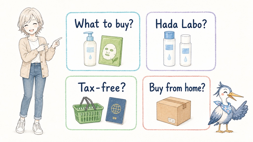 YUU beside four question cards about Japanese drugstore skincare