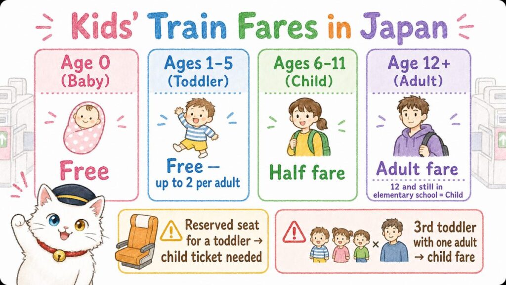 Chart of Japan train fare rules by age: babies and toddlers free, ages 6 to 11 half fare, age 12 and over adult fare