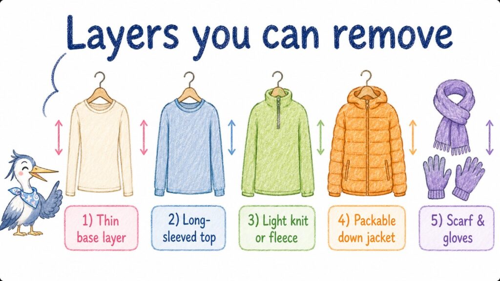 Diagram of five removable winter layers: thin base layer, long-sleeved top, light knit or fleece, packable down jacket, scarf and gloves
