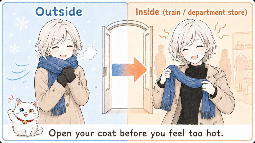 Diagram comparing cold outdoor air with strongly heated trains and department stores in Japan