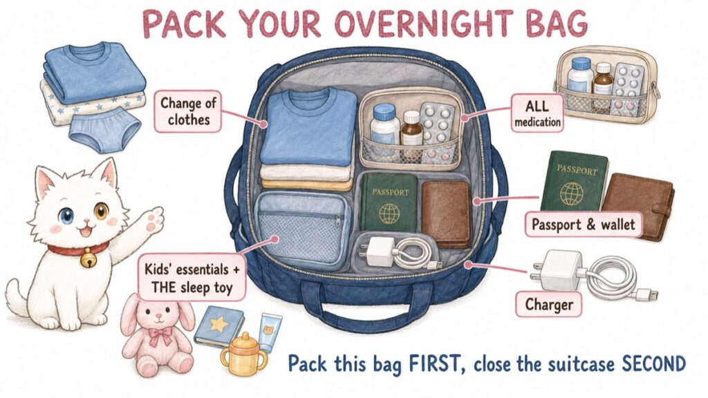Overnight bag packing diagram showing clothes medication passport charger and kids essentials