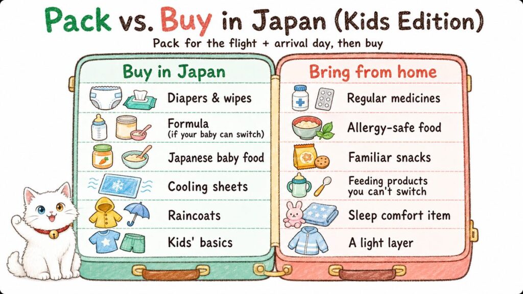 Chart of baby and kids items to buy in Japan versus items to bring from home