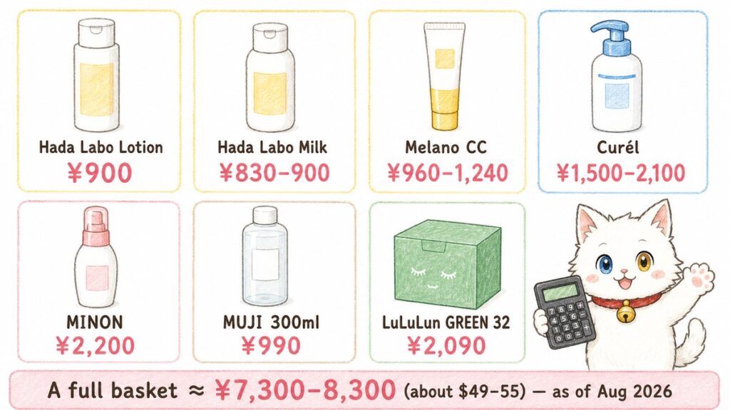 Price chart of seven Japanese drugstore skincare products in yen