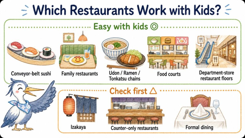 Chart comparing restaurant types in Japan that are easy with kids and types to check first