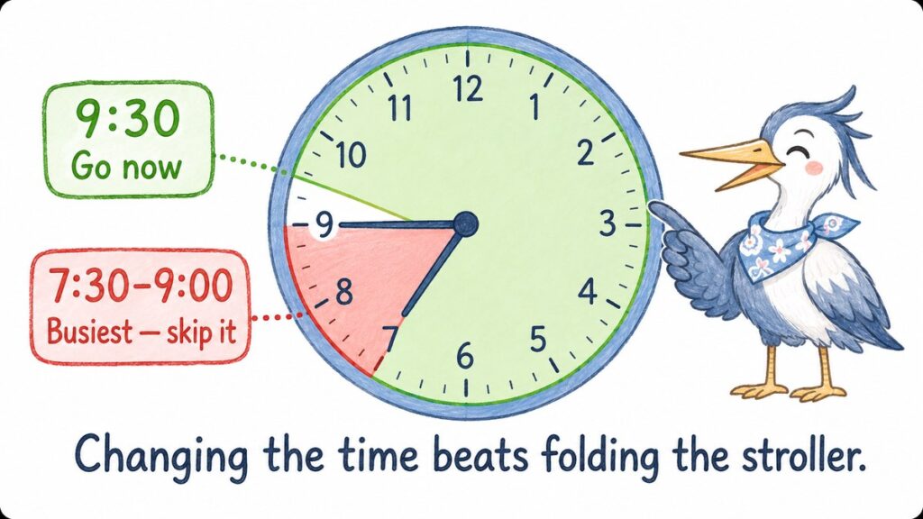 Clock diagram showing Tokyo trains are busiest around 7:30 to 9:00 and that leaving later is easier with a stroller
