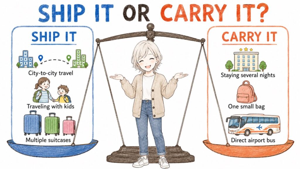 Scale diagram weighing ship it against carry it for different travel situations