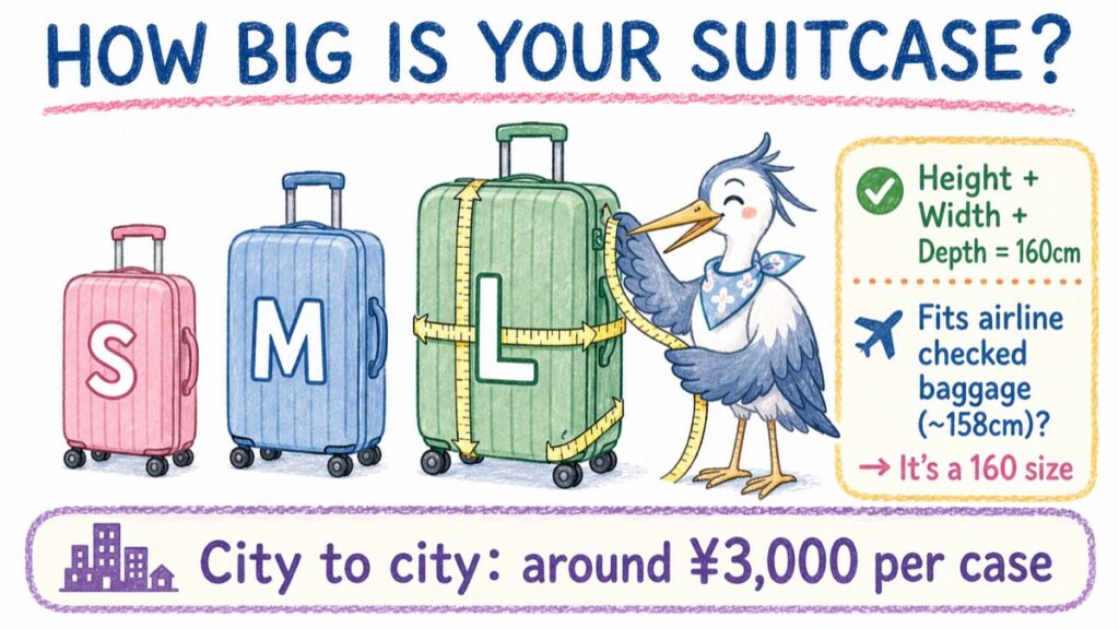 Diagram showing how Japanese shipping sizes are measured and typical city-to-city cost