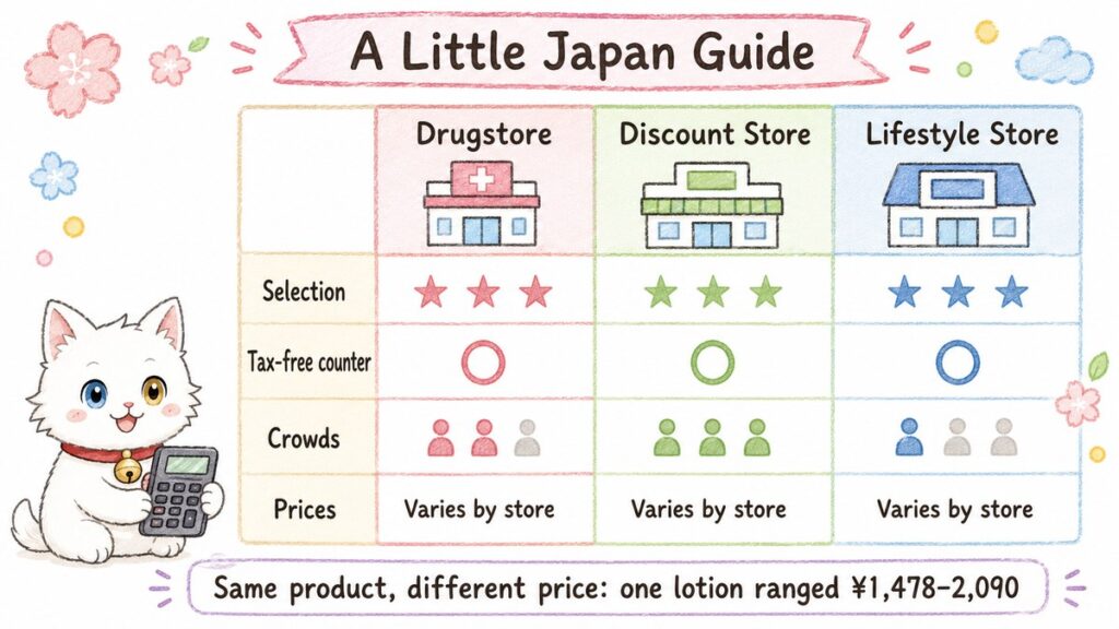 Comparison chart of a Japanese drugstore, discount store, and lifestyle store