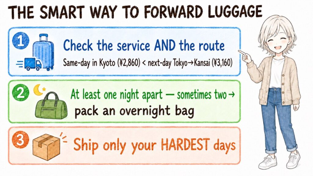 Summary diagram with three key points about luggage forwarding in Japan
