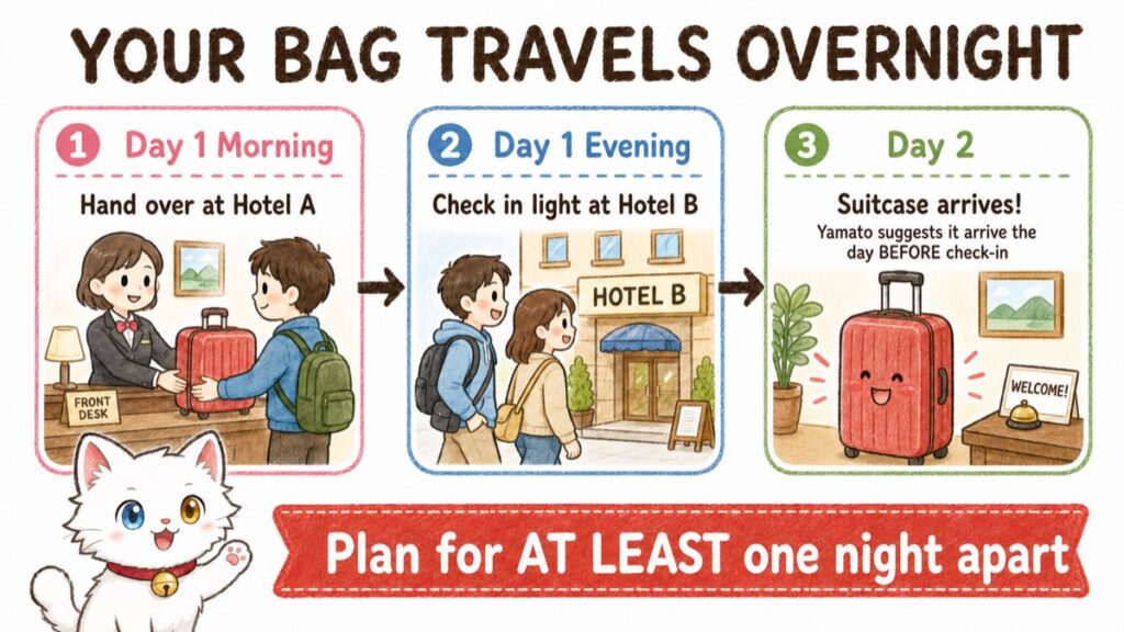 Timeline showing luggage handed over at one hotel and arriving at the next hotel