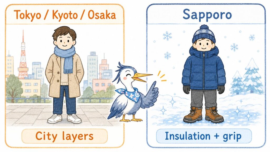 Side-by-side winter outfits for Tokyo, Kyoto and Osaka versus Sapporo, showing city layers against insulation and grip