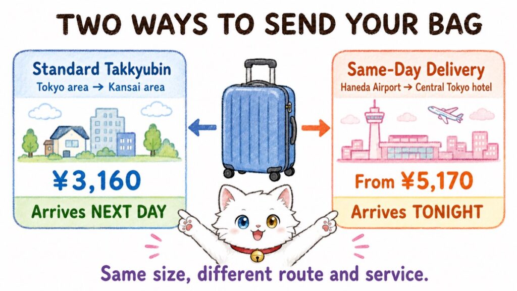 Diagram comparing standard next-day takkyubin with same-day airport delivery in Japan