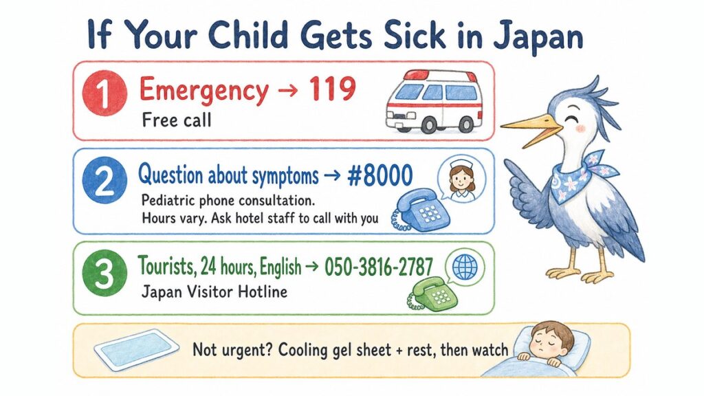Chart of what to do if your child gets sick in Japan: 119 for emergencies, #8000 for pediatric advice, Japan Visitor Hotline for tourists