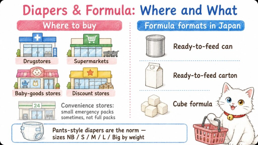 Chart showing where to buy diapers in Japan and the ready-to-feed and cube baby formula formats