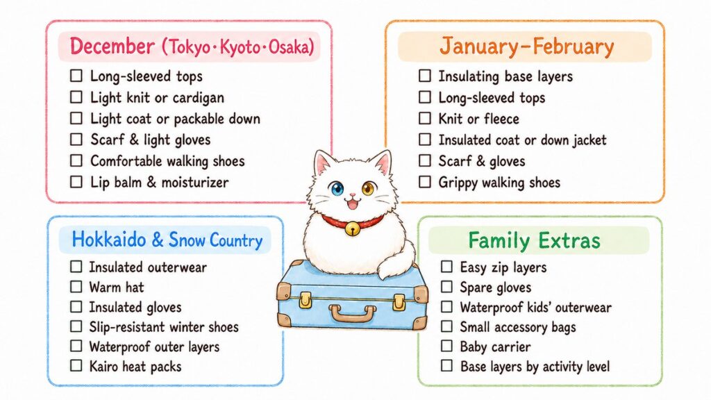 Four-part Japan winter packing checklist for December, January to February, snow country and families