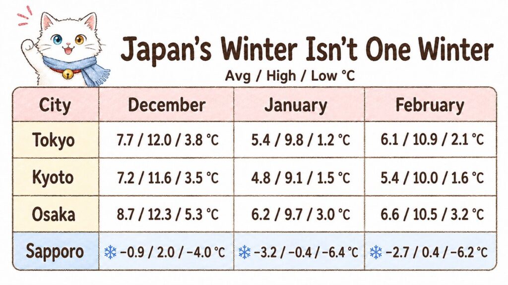 Chart of Japan Meteorological Agency winter climate normals for Tokyo, Kyoto, Osaka and Sapporo in December, January and February