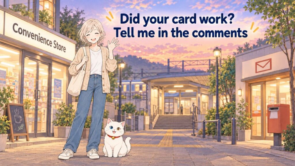 YUU waving in front of a convenience store and a post office near a Japanese station