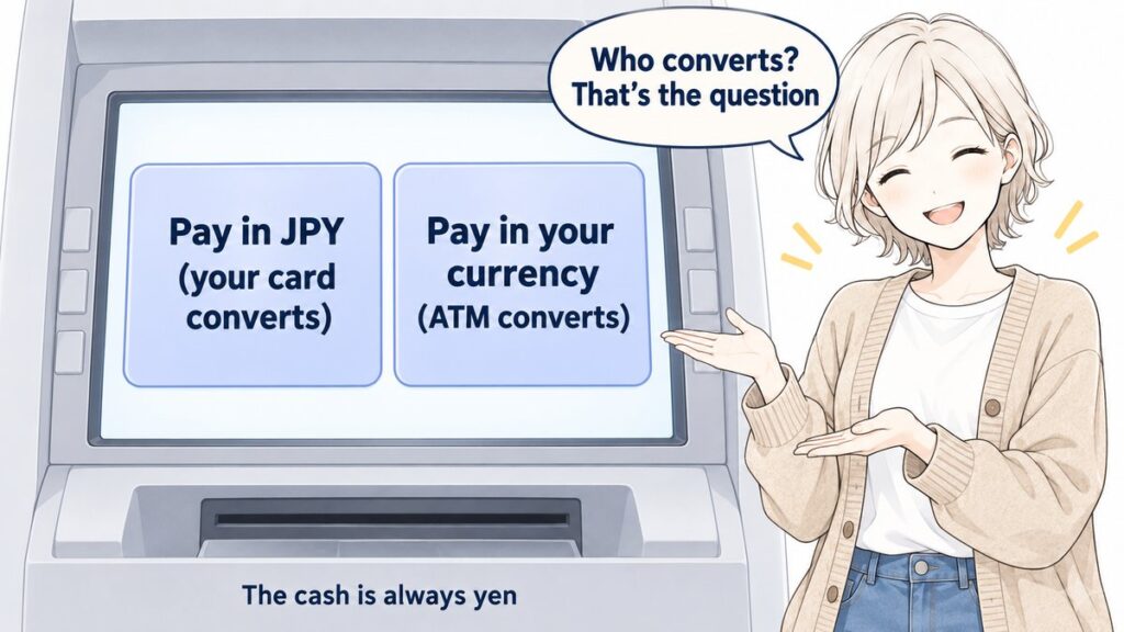 ATM currency choice screen: pay in yen (your card converts) or pay in your currency (the ATM converts)