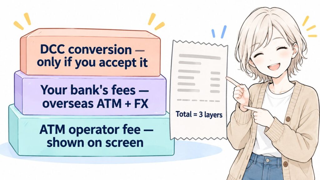 Three layers of ATM withdrawal fees in Japan: ATM operator fee, your bank’s fees, and DCC conversion