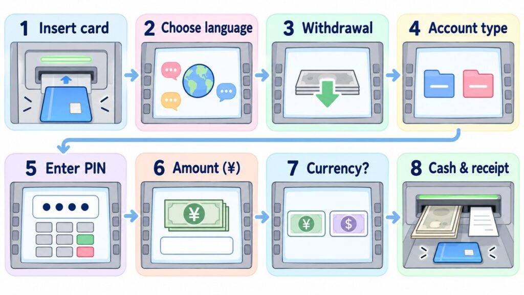 Eight steps to withdraw yen at a Japanese convenience store ATM with a foreign card