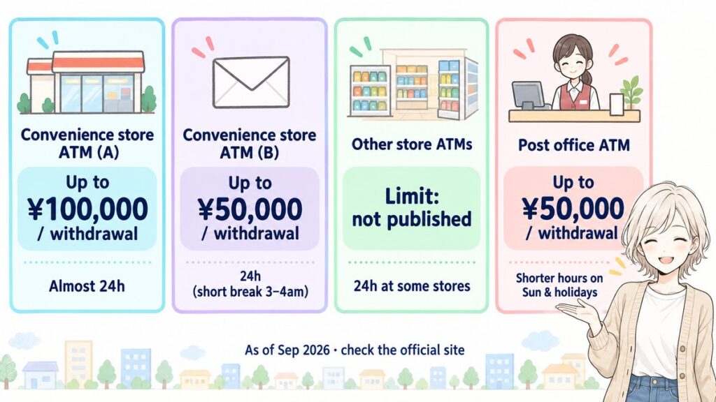 Comparison of four Japan ATM types for foreign cards: withdrawal limits and hours as of September 2026