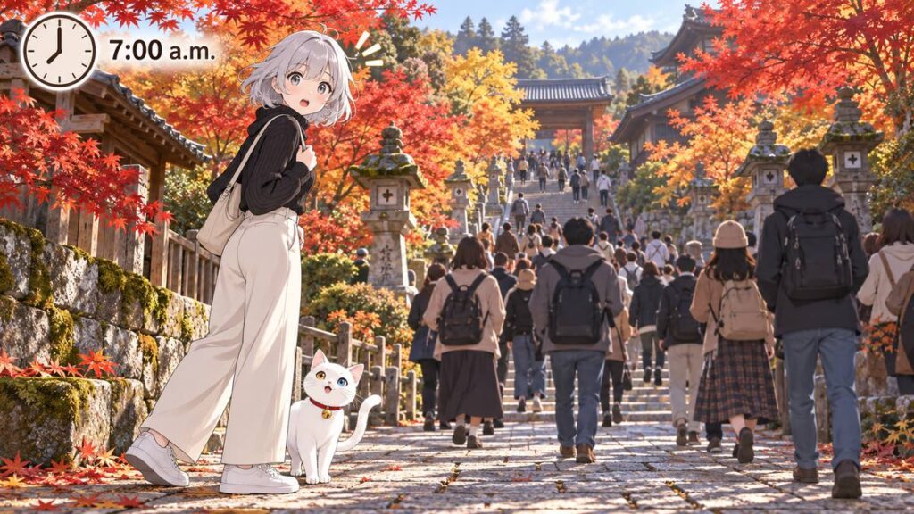 Illustration of a Kyoto temple path already busy with visitors at 7 a.m. in autumn