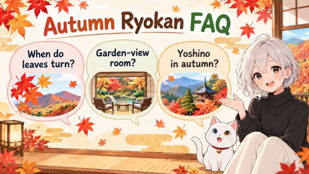 FAQ card about autumn ryokan in Kyoto and Yoshino