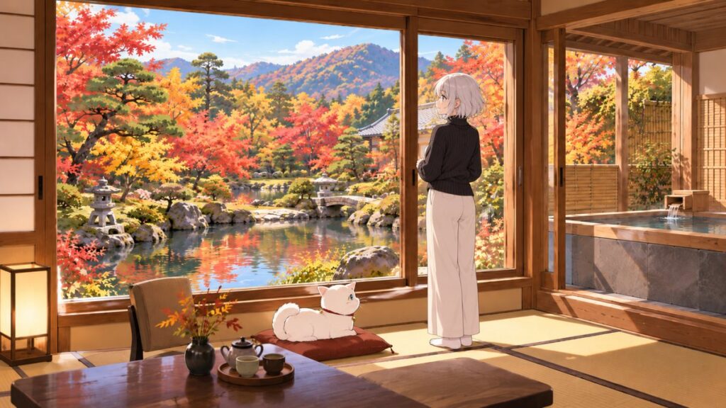 Illustration of a Kyoto ryokan room looking out on a landscaped garden and the Higashiyama hills