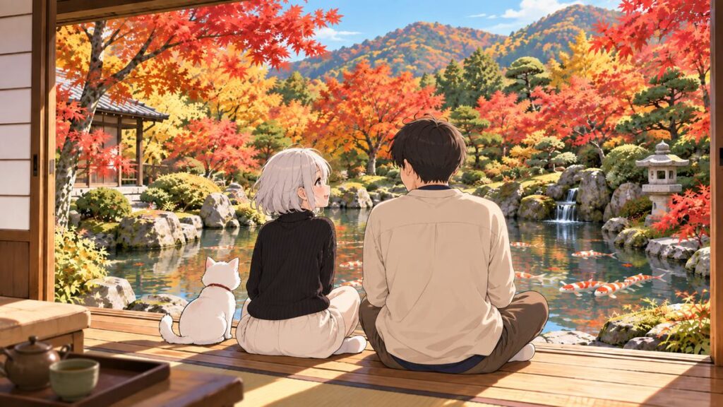 Illustration of a ryokan room facing a koi pond garden with autumn leaves in Ohara