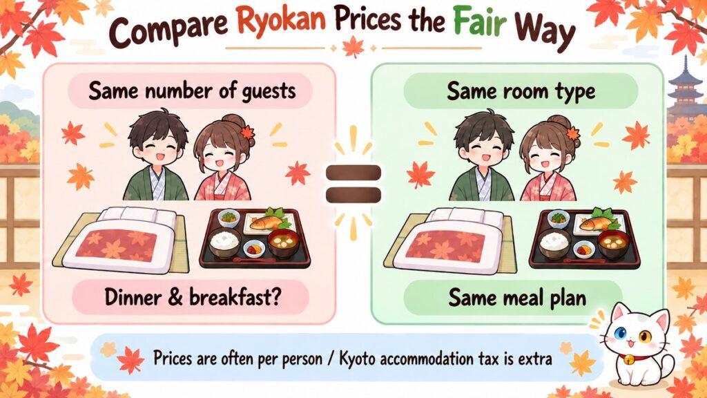 Diagram showing how to compare ryokan prices by guests, room type, and meal plan