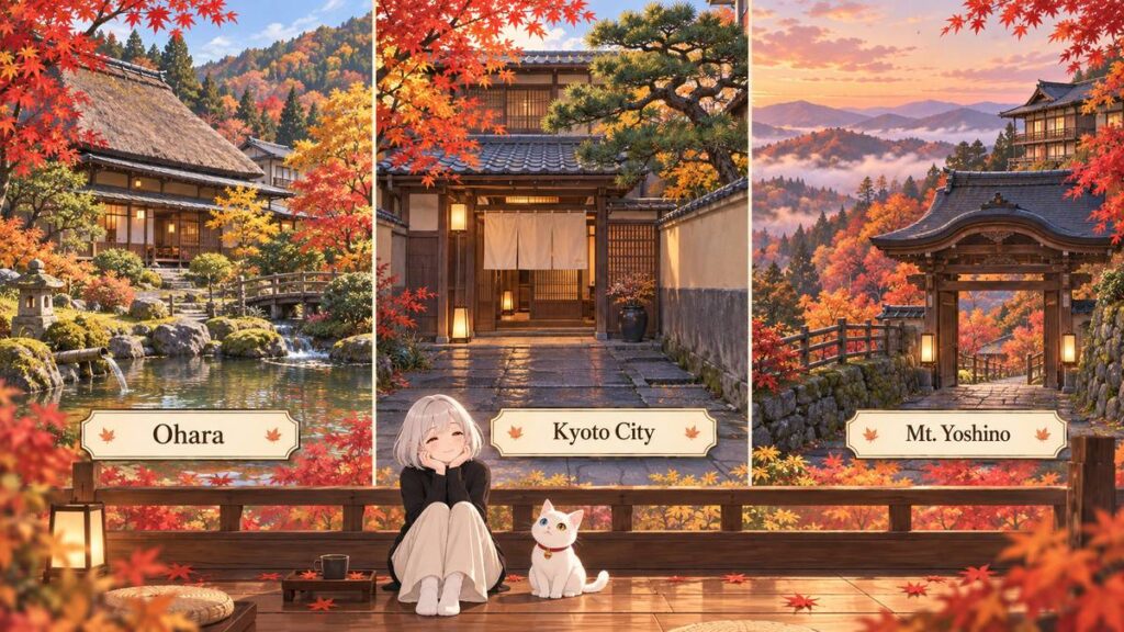 Illustration of three quiet ryokan in Ohara, Kyoto city, and Mt. Yoshino surrounded by autumn leaves