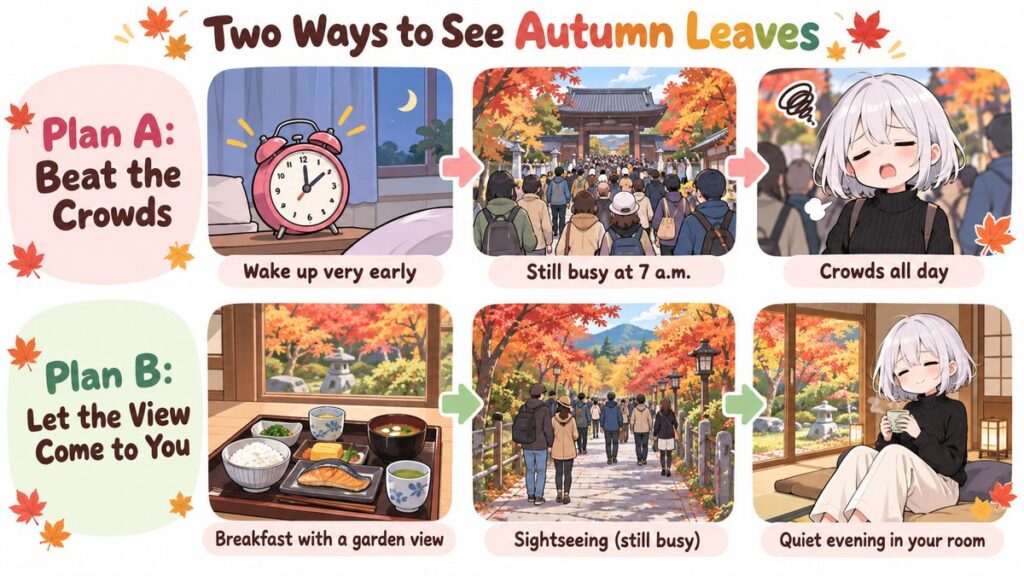 Diagram comparing getting up early to beat the crowds with spending morning and evening at a ryokan with a view