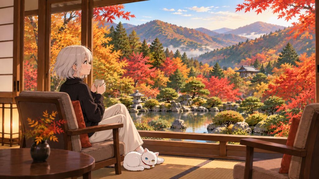 Illustration of a ryokan room overlooking a historic garden and autumn mountains on Mt. Yoshino