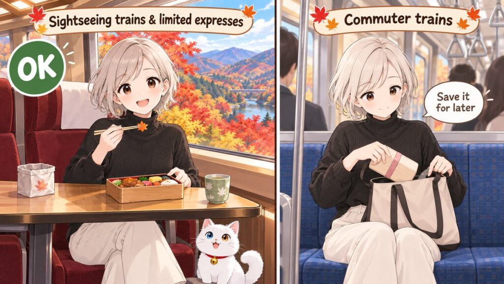 Illustration of eating a bento on a sightseeing train and saving food for later on a commuter train in Japan
