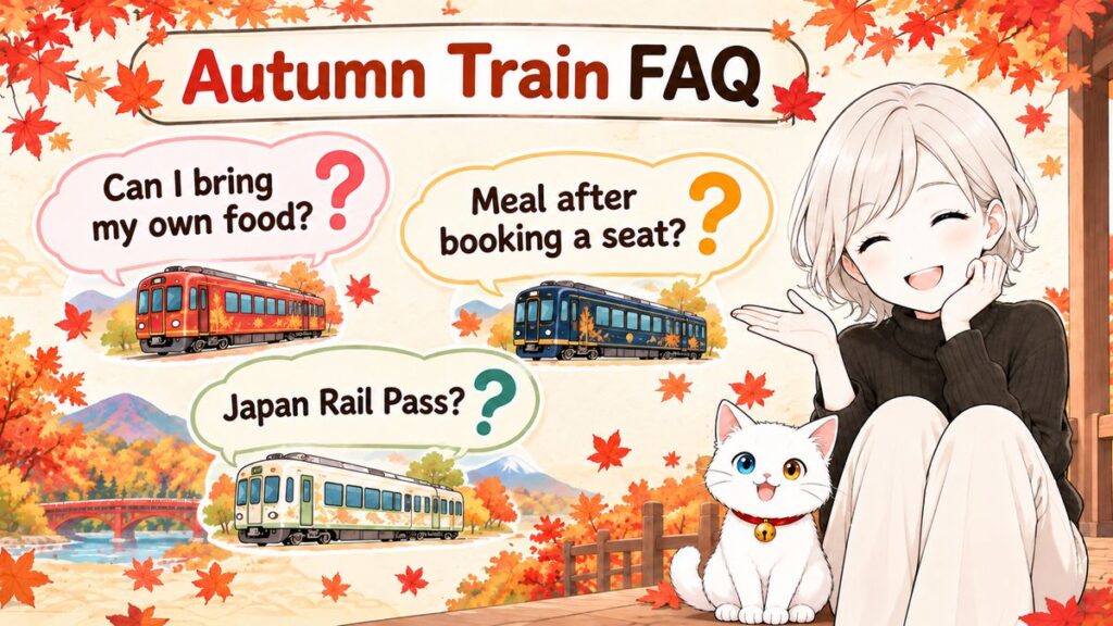 FAQ card about eating on scenic trains in Japan in autumn