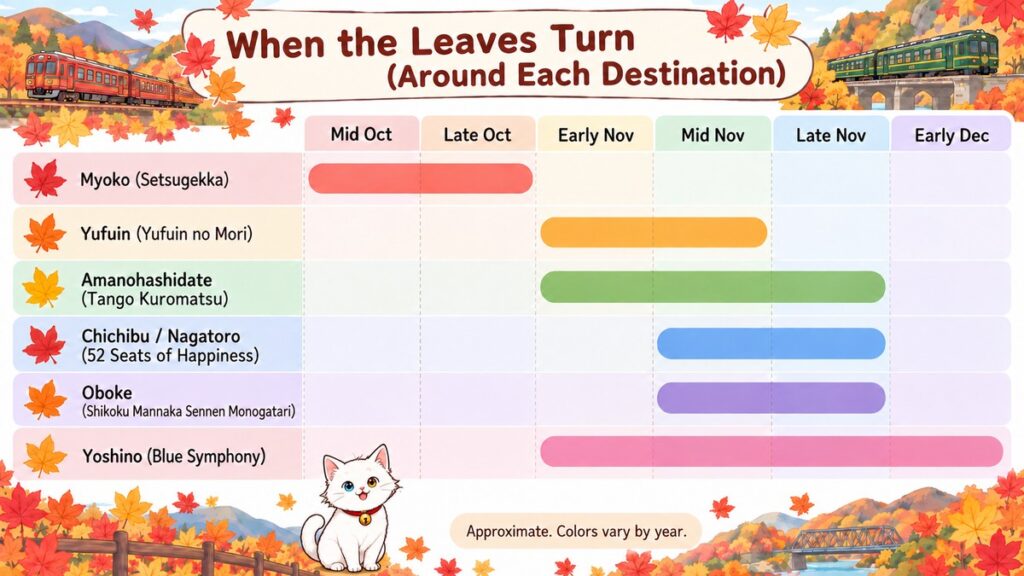 Calendar of approximate autumn foliage timing around each scenic train destination in Japan