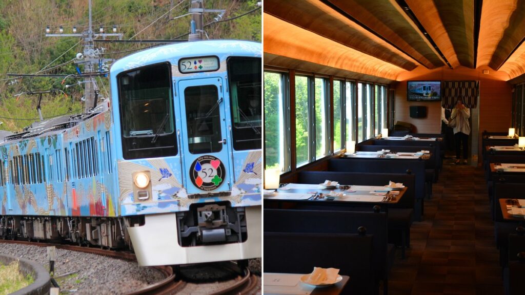 Seibu 52 Seats of Happiness restaurant train running through green hills in Saitama (left) and the dining car with set tables (right)