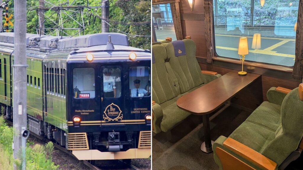 Navy Kintetsu Blue Symphony train running through greenery on the Yoshino Line (left) and the saloon seats and table (right)