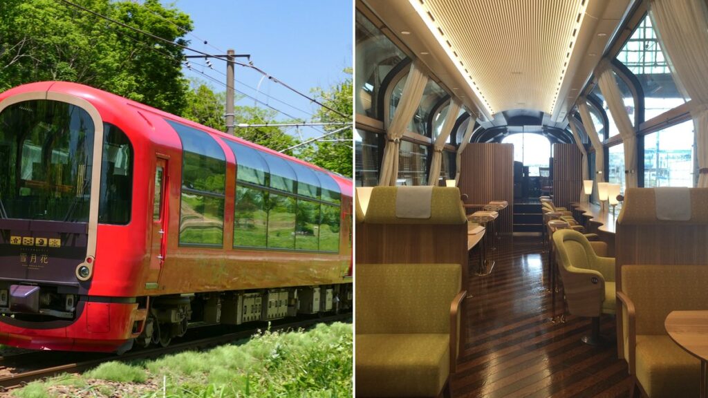 Red Setsugekka resort train running through fresh greenery near Myoko (left) and the lounge seats and tables (right)