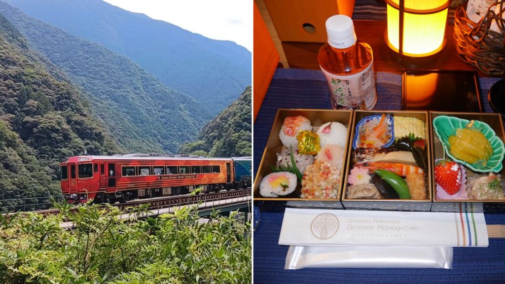 Shikoku Mannaka Sennen Monogatari crossing the Shirakawa bridge in a mountain valley (left) and a tiered regional meal served on board (right)