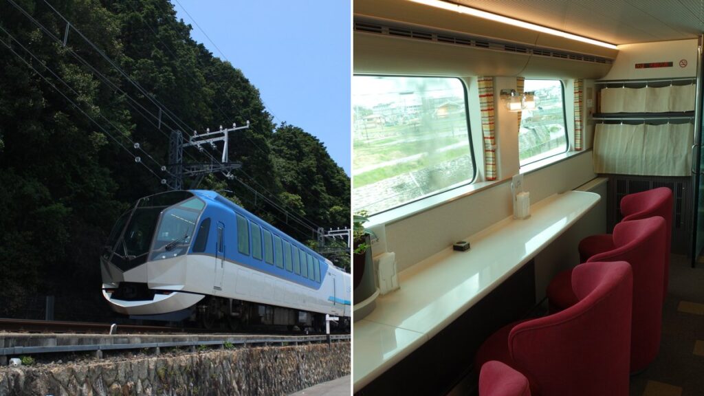Blue and white Kintetsu Shimakaze train running beside green hills in Shima (left) and the café car counter (right)