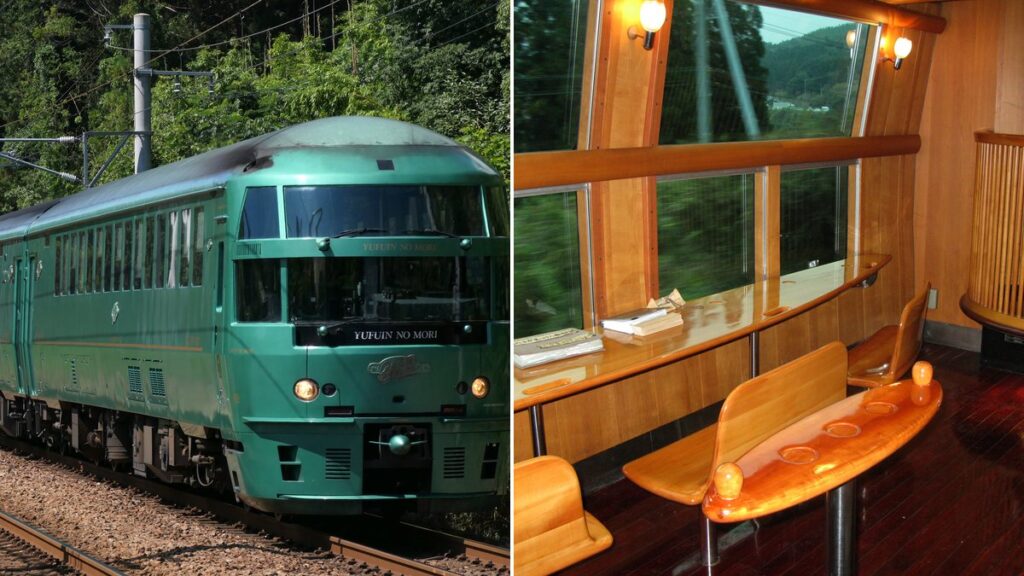 Green Yufuin no Mori train running along a forested hillside in Fukuoka (left) and the wooden buffet counter (right)