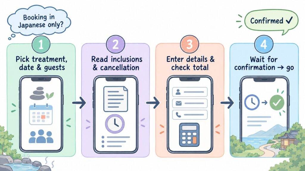 Four steps to book a Tokyo head spa in English: pick treatment and date, read inclusions and cancellation, enter details and check total, wait for confirmation