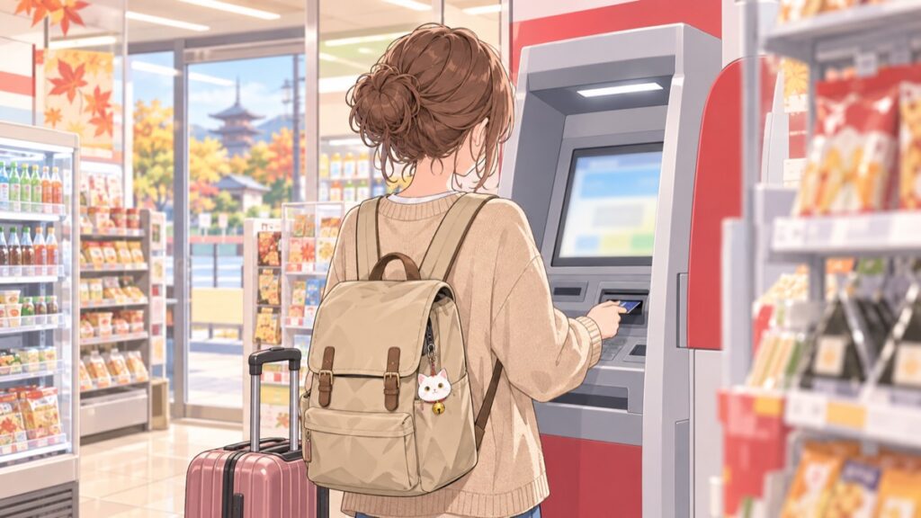 Traveler withdrawing yen from an ATM inside a Japanese convenience store