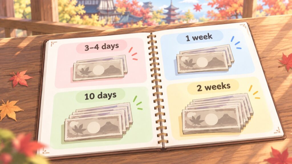 Travel wallet beside an itinerary showing trip lengths from three days to two weeks