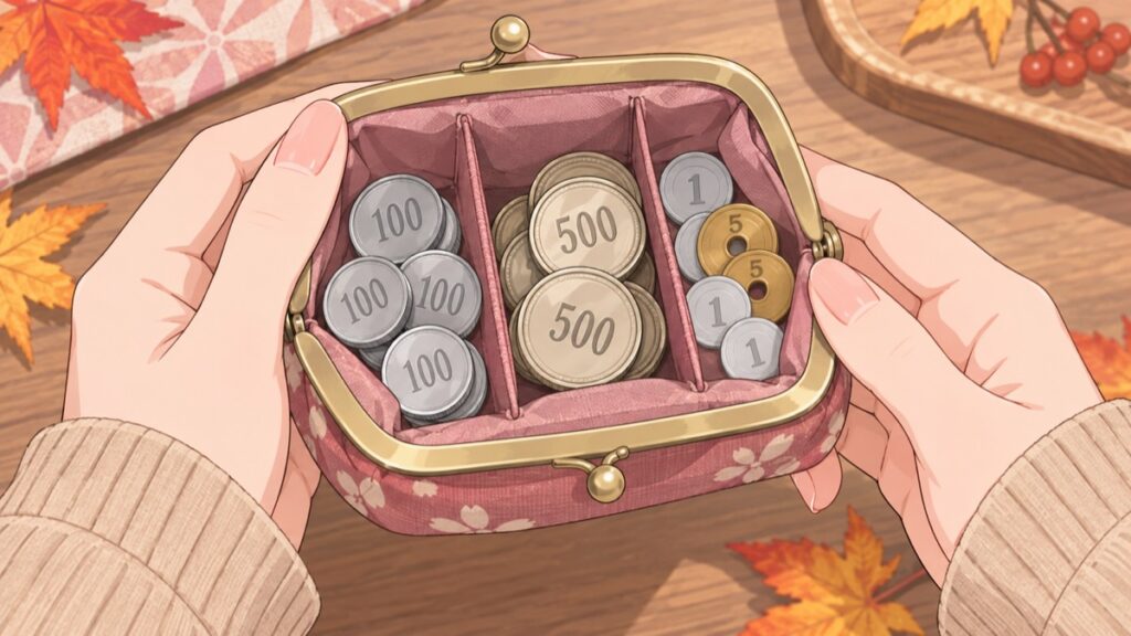 Open coin purse with 100-yen and 500-yen coins sorted into separate compartments