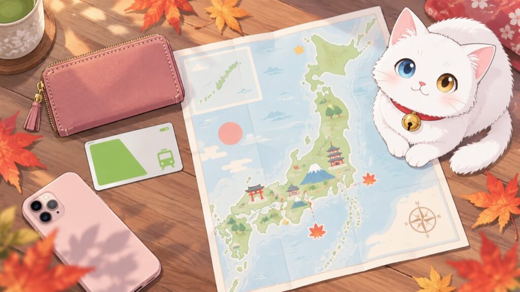 Slim wallet, one card, a phone and a paper map of Japan laid out on a table