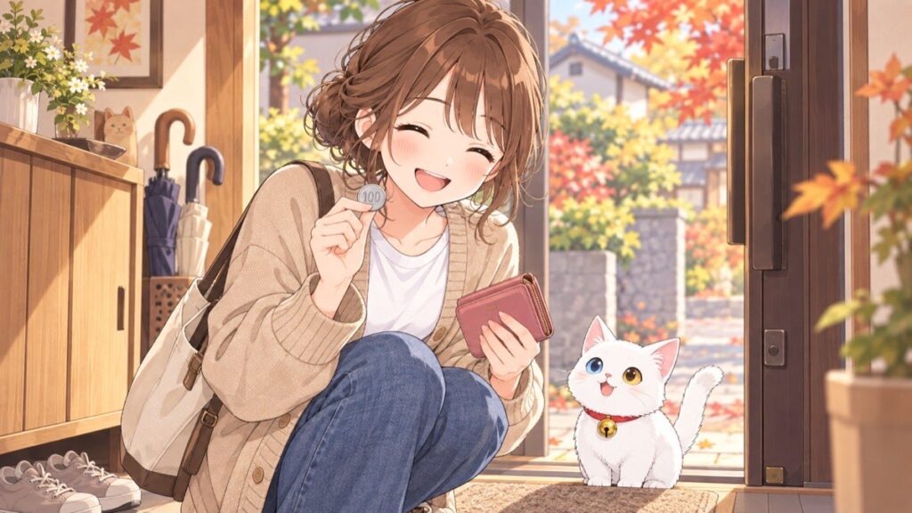 YUU holding a small wallet and a 100-yen coin, ready to go out on an early autumn day