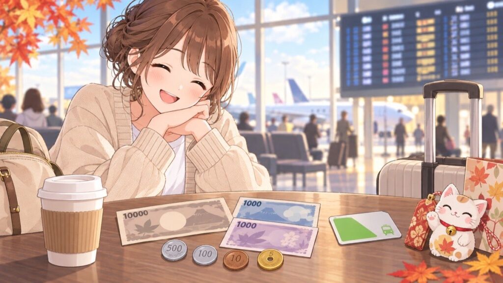 A few leftover yen coins and notes beside small souvenirs at an airport departure lounge